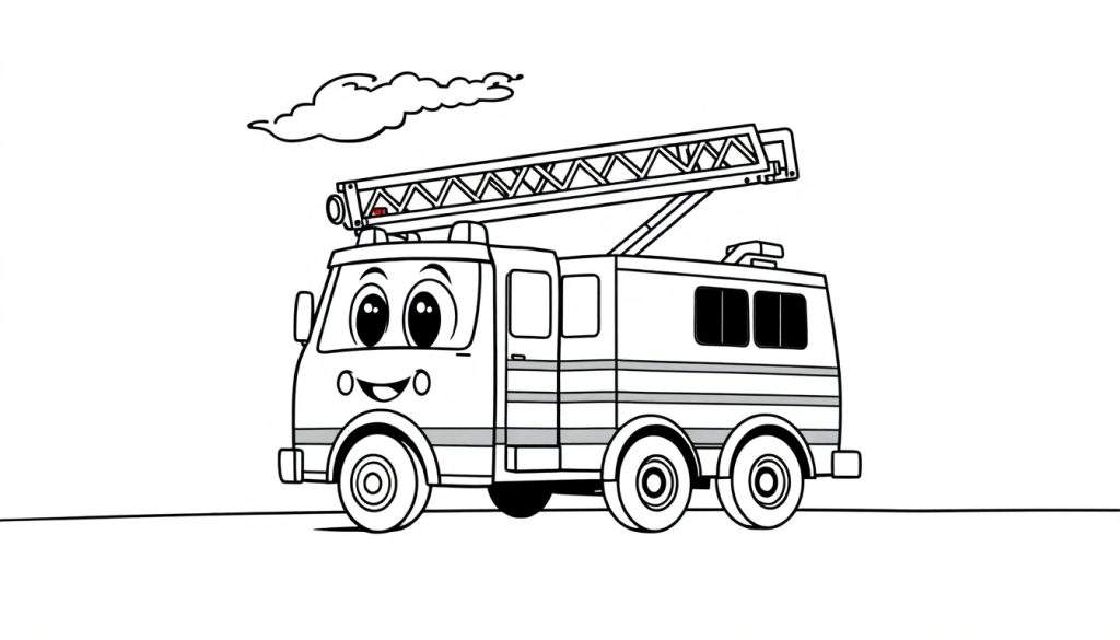 A friendly black and white cartoon fire truck with a tall ladder, ready for action on this color panel.