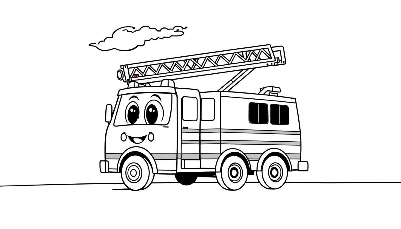 A friendly black and white cartoon fire truck with a tall ladder, ready for action on this color panel.
