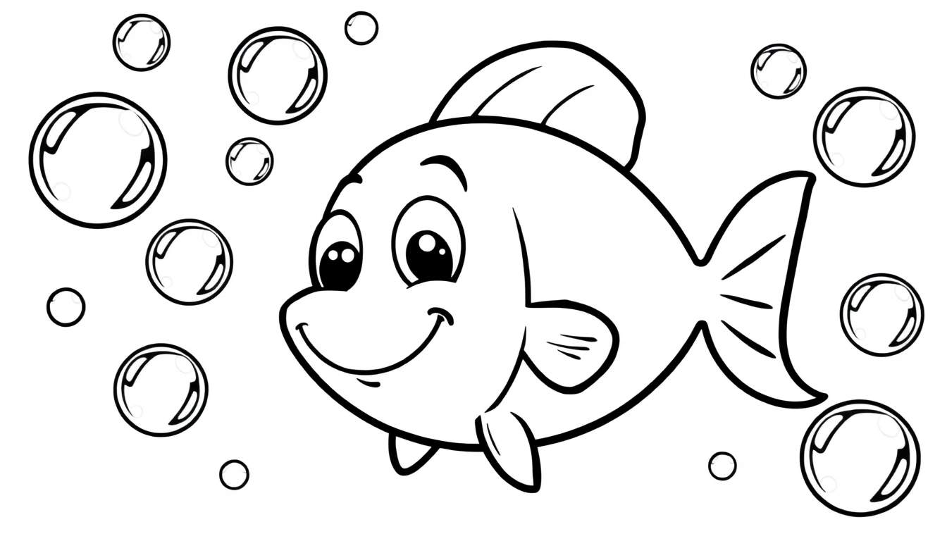 A cheerful fish in a black and white color panel surrounded by bubbles.