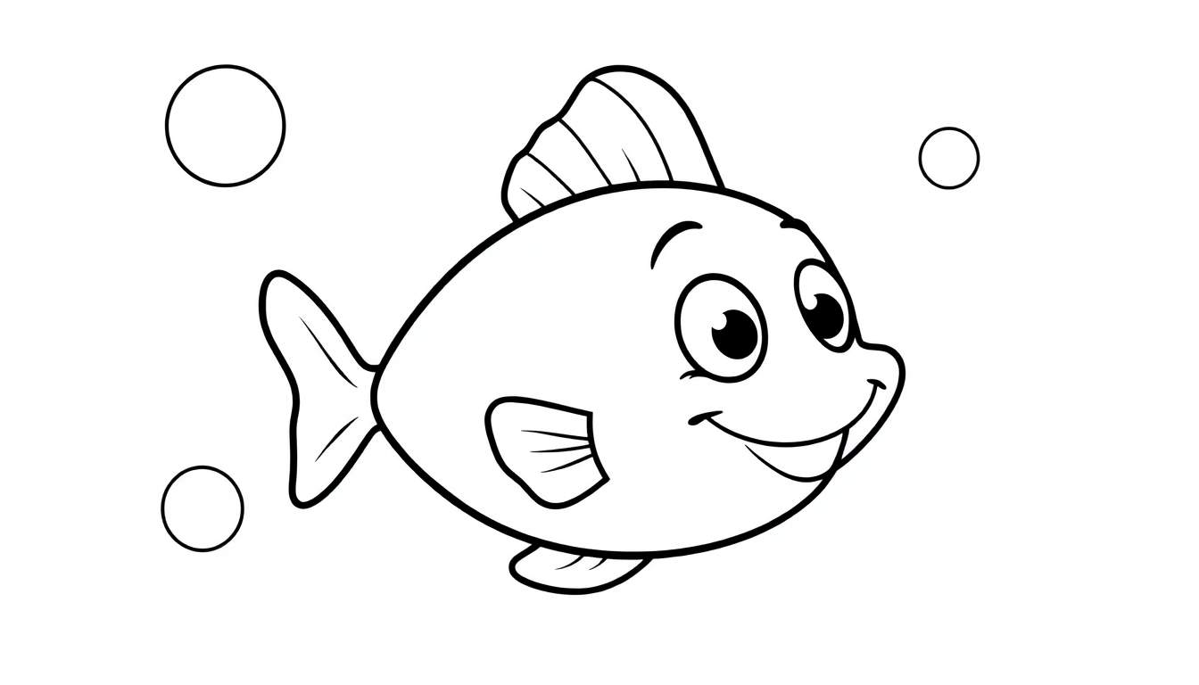 A black and white color panel drawing of a cartoon fish with big eyes and a smile, surrounded by three bubbles.