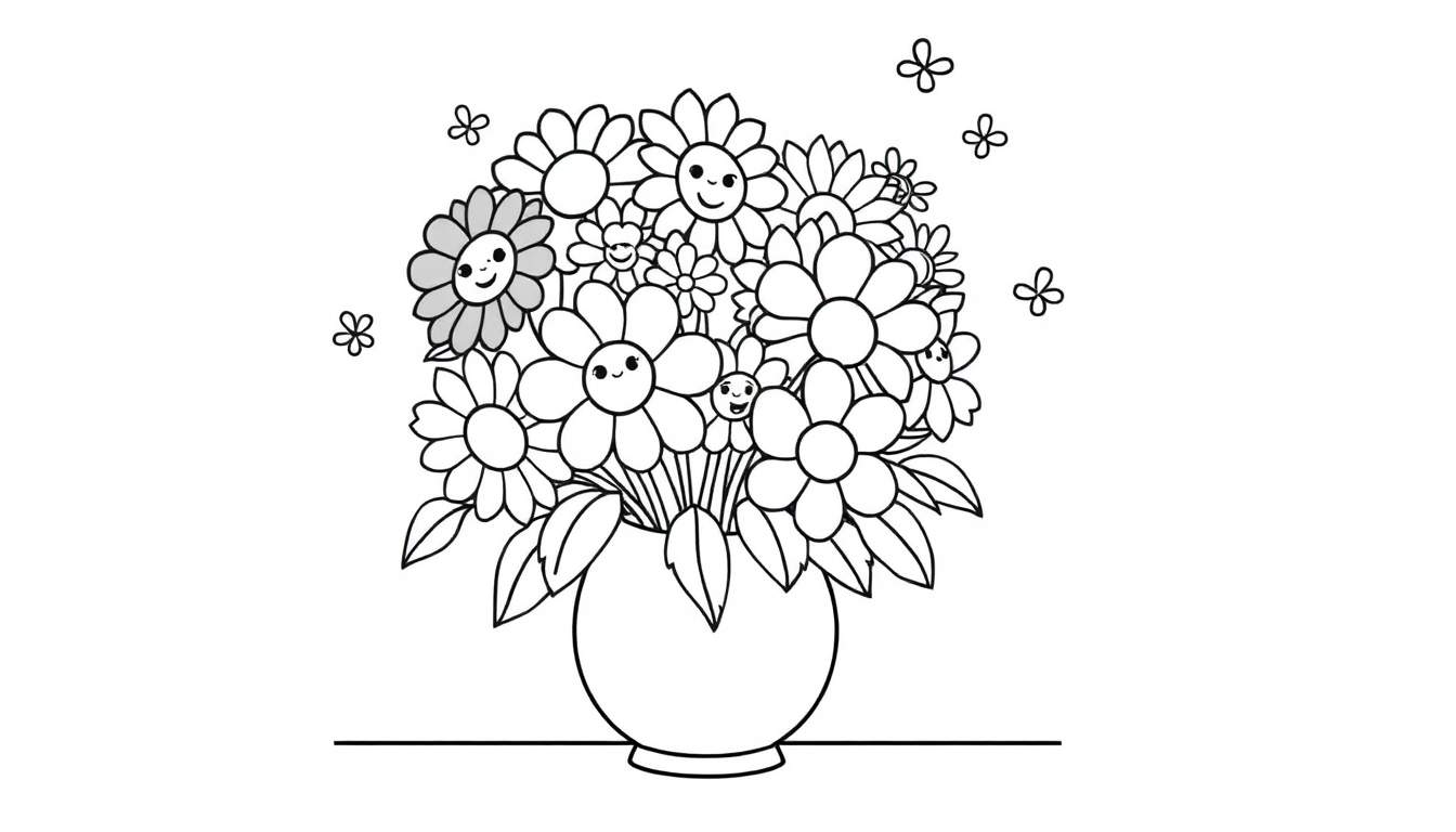 A black and white color panel drawing of a cheerful flower bouquet with cute faces in a round vase, with butterflies, ready for coloring.