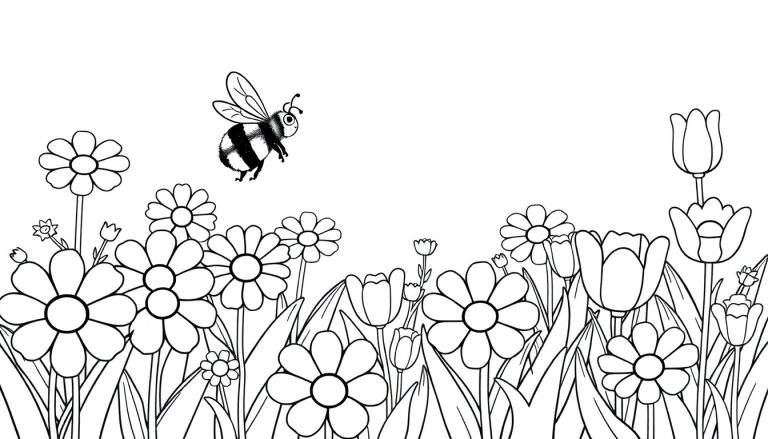 A black and white illustration for a color panel featuring a field of daisies and tulips with a bee, perfect for coloring.