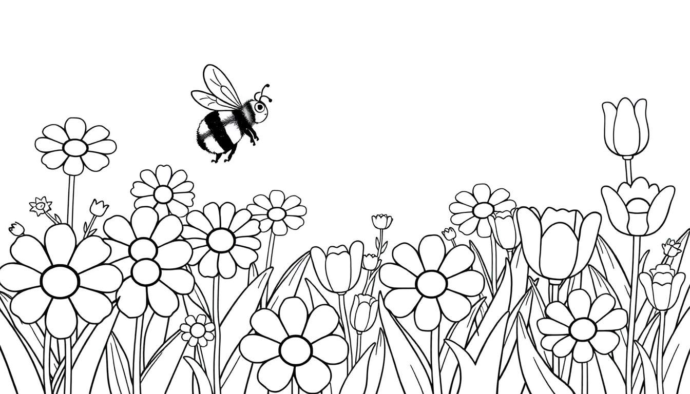 A black and white illustration for a color panel featuring a field of daisies and tulips with a bee, perfect for coloring.