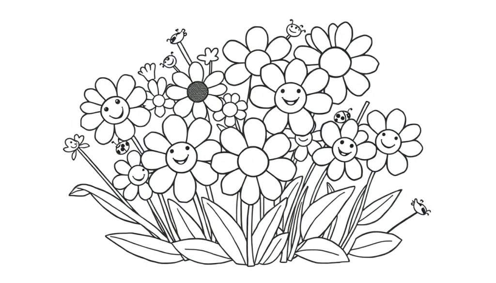 A cheerful bouquet of assorted flowers with happy faces, perfect for a black and white coloring page for kids. This color panel features smiling flowers and ladybugs among stylized leaves. A fun color panel for creative minds.