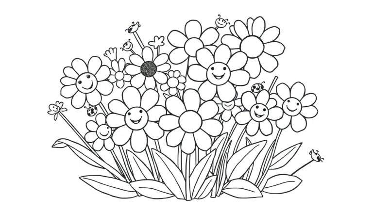 A cheerful bouquet of assorted flowers with happy faces, perfect for a black and white coloring page for kids. This color panel features smiling flowers and ladybugs among stylized leaves. A fun color panel for creative minds.