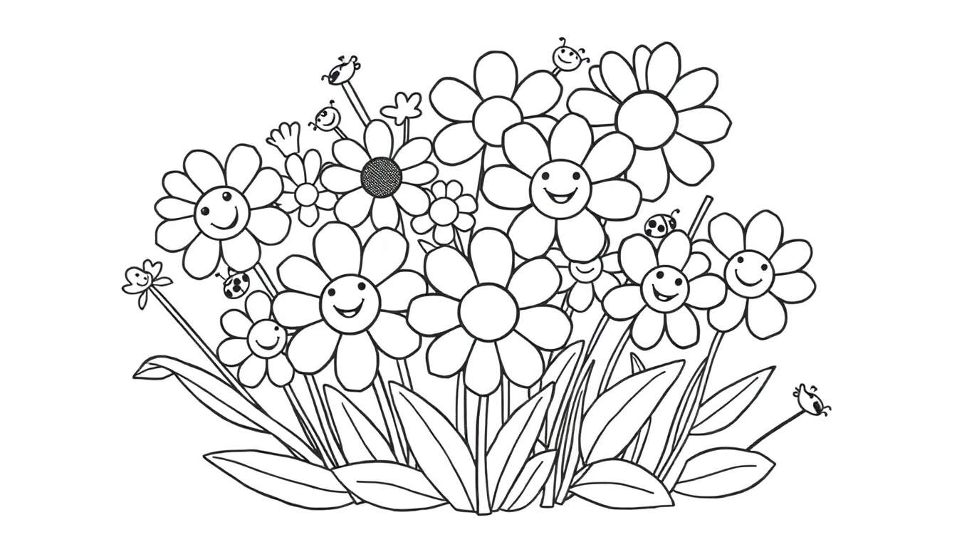 A cheerful bouquet of assorted flowers with happy faces, perfect for a black and white coloring page for kids. This color panel features smiling flowers and ladybugs among stylized leaves. A fun color panel for creative minds.