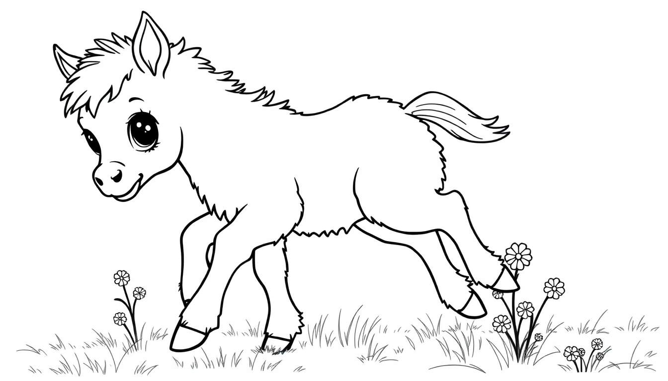 A cute pony with a bushy mane and tail is joyfully prancing in a field of grass and flowers, a delightful color panel illustration.