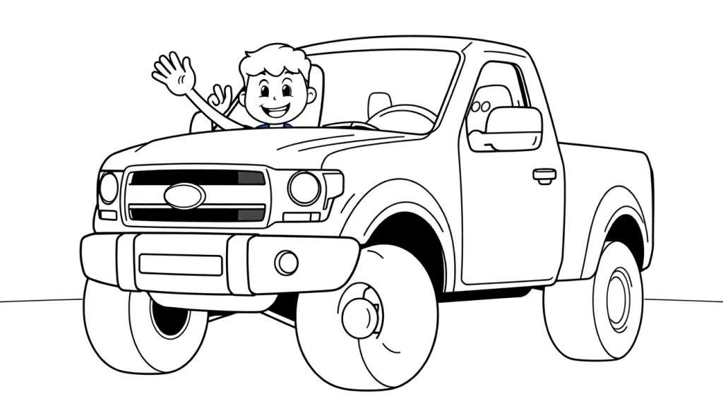 A cute black and white coloring page of a friendly Ford F-150 truck with a happy driver waving, perfect for a color panel adventure!