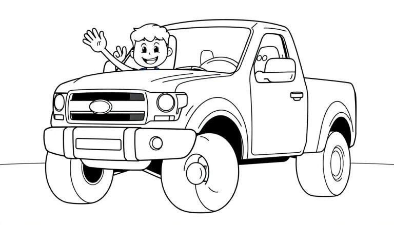 A cute black and white coloring page of a friendly Ford F-150 truck with a happy driver waving, perfect for a color panel adventure!