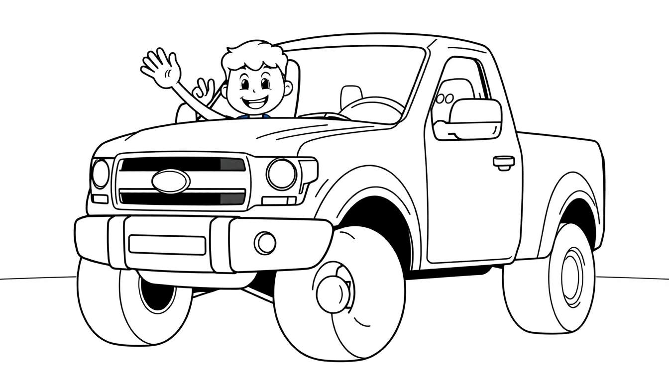 A cute black and white coloring page of a friendly Ford F-150 truck with a happy driver waving, perfect for a color panel adventure!