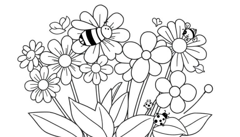 A cheerful garden color panel with flowers, bees, ladybugs, and a butterfly for coloring.