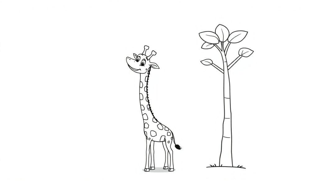 A cartoon giraffe with a long neck reaching for leaves on a tree, ready for a color panel.