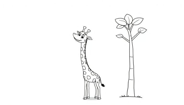 A cartoon giraffe with a long neck reaching for leaves on a tree, ready for a color panel.