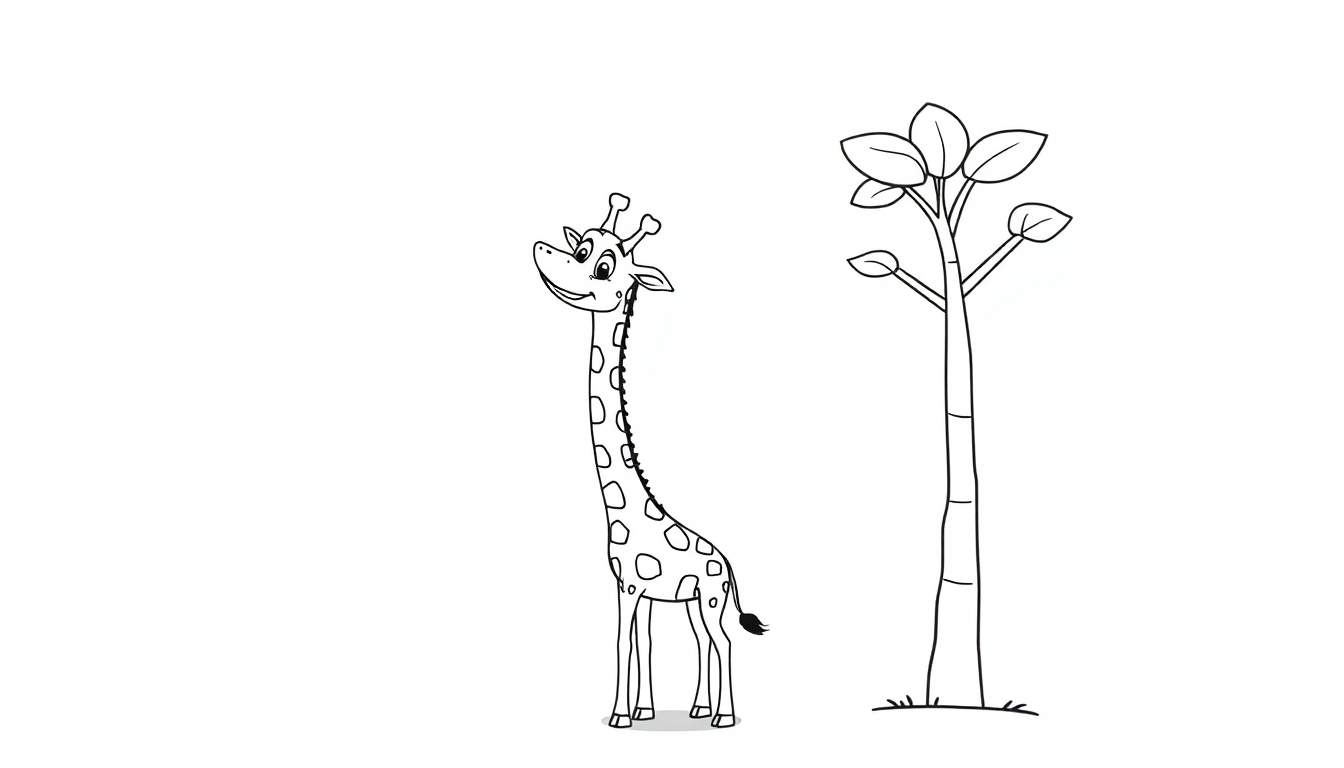 A cartoon giraffe with a long neck reaching for leaves on a tree, ready for a color panel.
