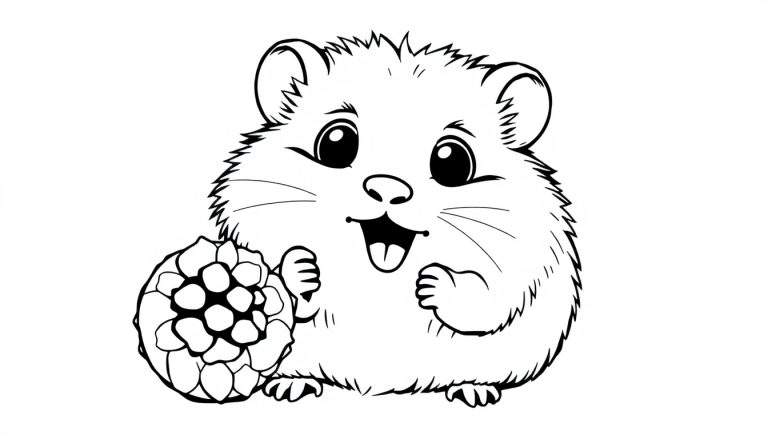 Cute hamster holding a pinecone, black and white color panel.