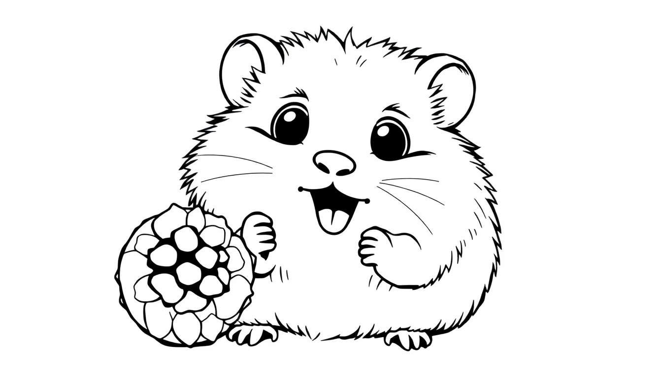 Cute hamster holding a pinecone, black and white color panel.