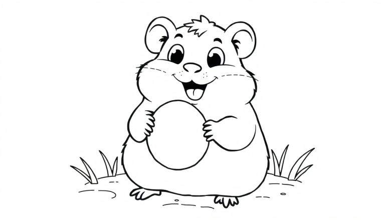 A happy hamster in a black and white color panel, holding a large seed.
