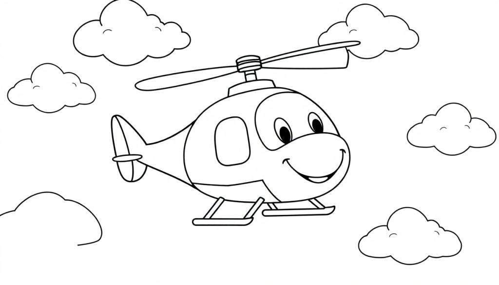 A happy cartoon helicopter with a smiling face flies through fluffy clouds, ready for a color panel adventure.