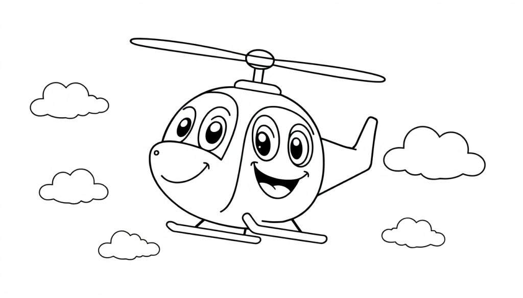 A happy black and white cartoon helicopter with a smiling face and big eyes flying in a color panel of fluffy clouds.