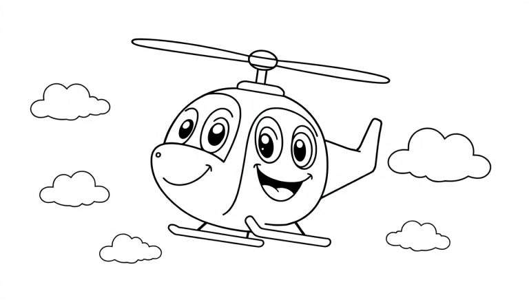 A happy black and white cartoon helicopter with a smiling face and big eyes flying in a color panel of fluffy clouds.