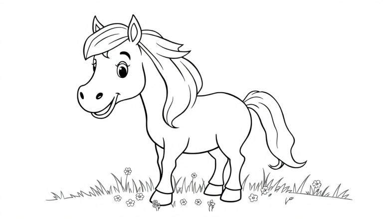 A happy cartoon horse with a flowing mane, ready for coloring. This color panel shows a smiling horse in a field.