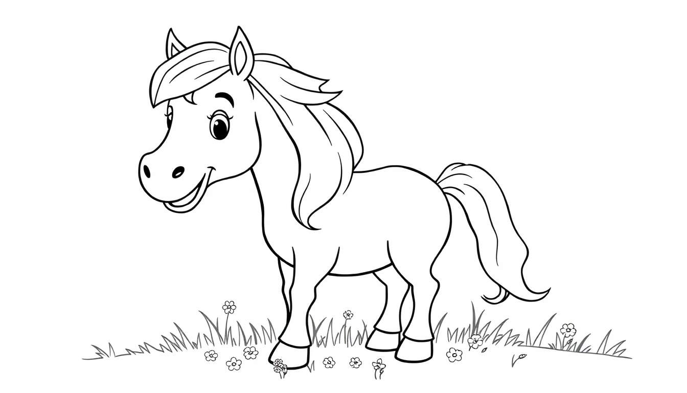 A happy cartoon horse with a flowing mane, ready for coloring. This color panel shows a smiling horse in a field.