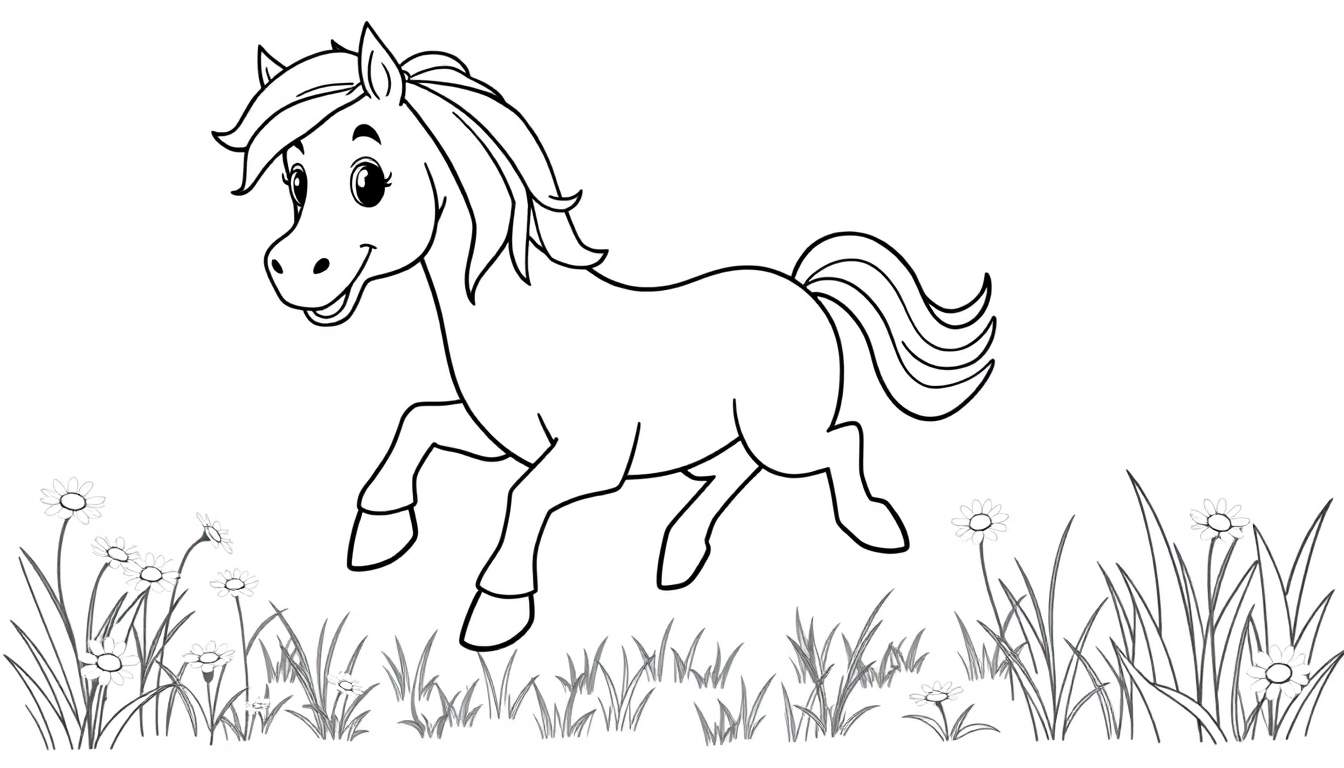 A happy cartoon horse prancing in a meadow, ready for coloring. Black and white outline for a kids coloring page color panel.