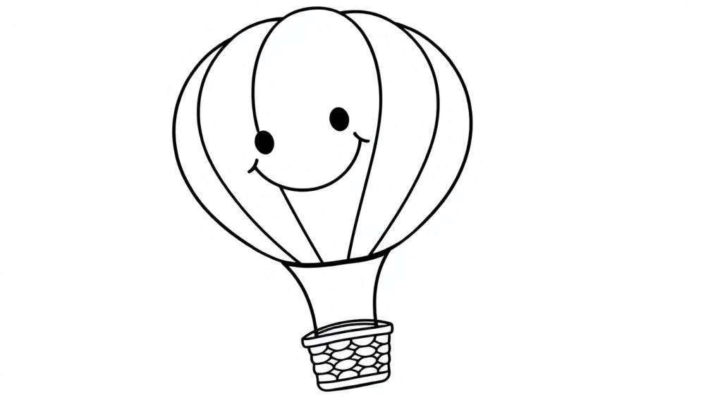 A happy cartoon hot air balloon, ready for coloring! This black and white color panel shows a friendly balloon with a smiling face and a basket, waiting for your colorful adventure.