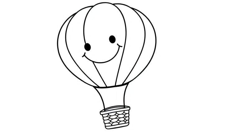 A happy cartoon hot air balloon, ready for coloring! This black and white color panel shows a friendly balloon with a smiling face and a basket, waiting for your colorful adventure.