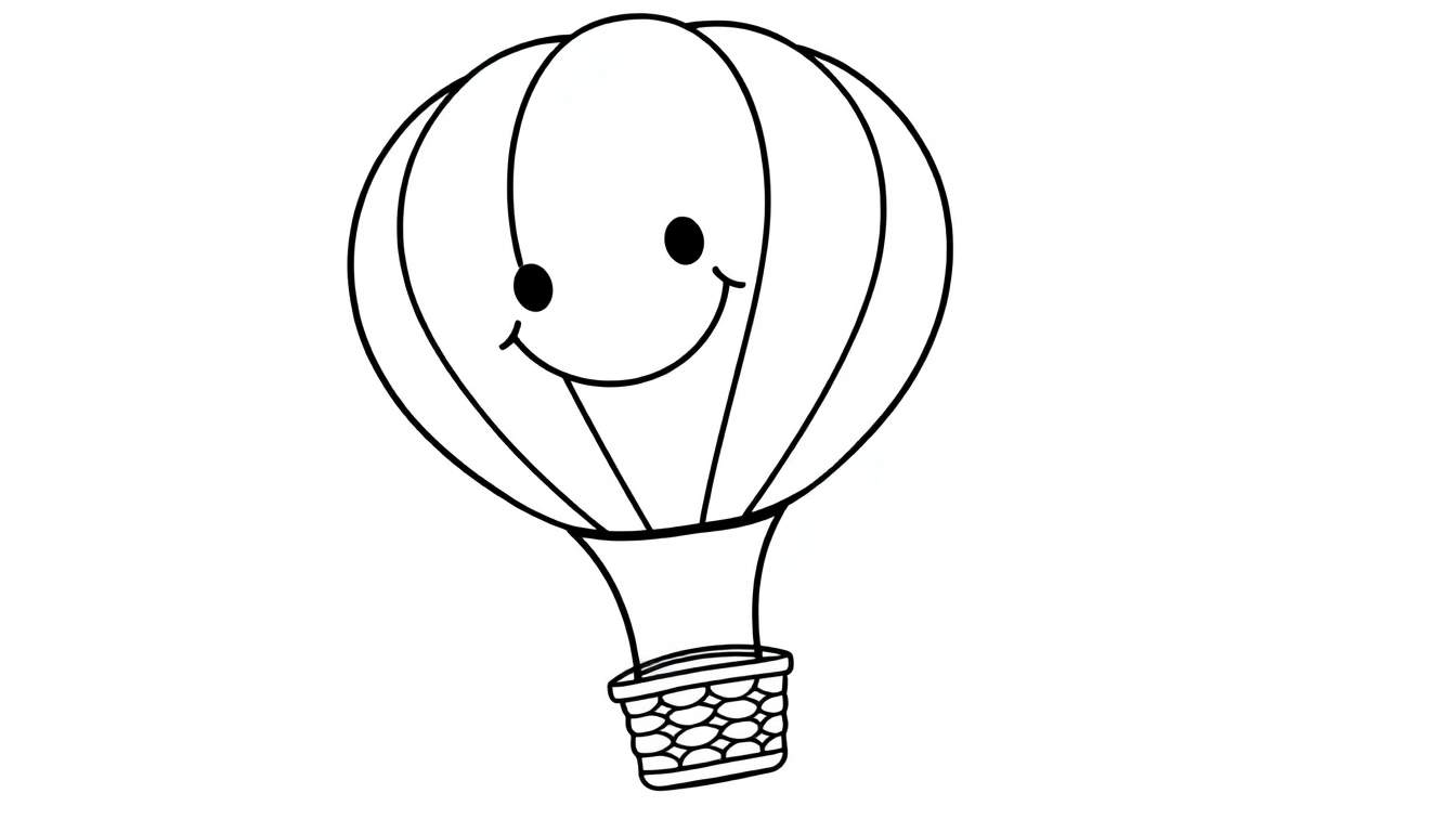 A happy cartoon hot air balloon, ready for coloring! This black and white color panel shows a friendly balloon with a smiling face and a basket, waiting for your colorful adventure.