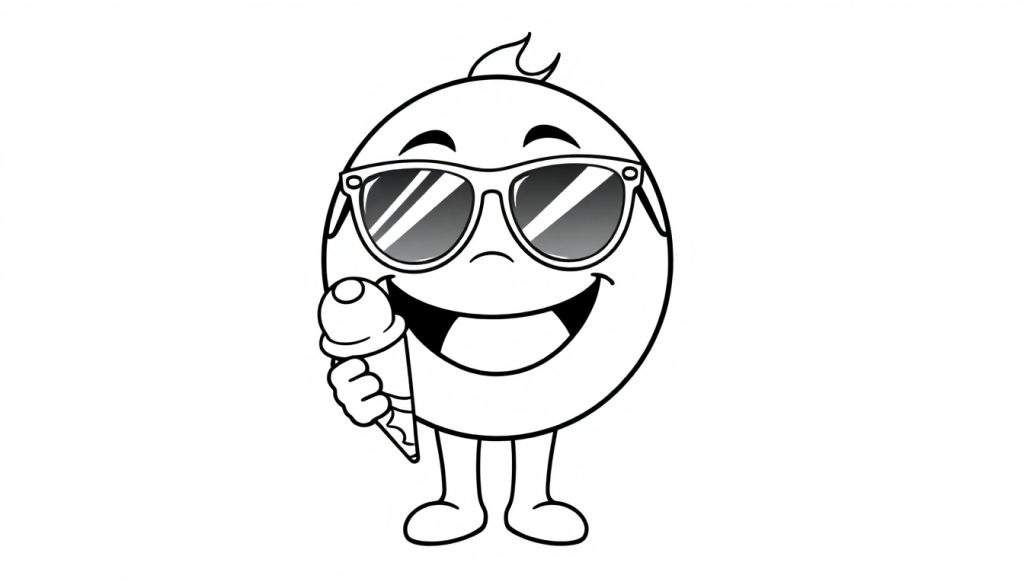 A black and white coloring panel of a happy egg character wearing sunglasses and holding an ice cream cone.
