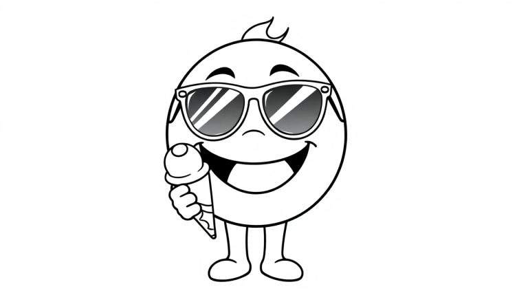 A black and white coloring panel of a happy egg character wearing sunglasses and holding an ice cream cone.