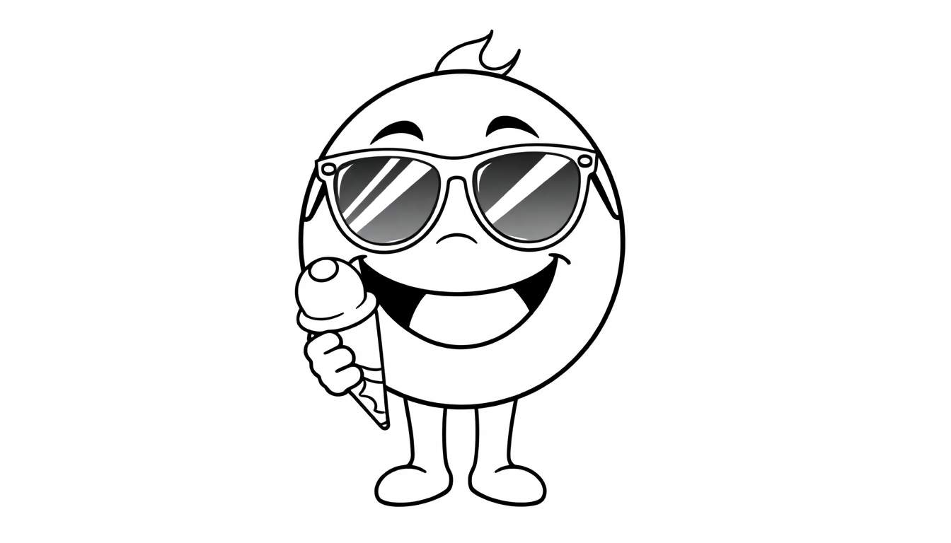 A black and white coloring panel of a happy egg character wearing sunglasses and holding an ice cream cone.