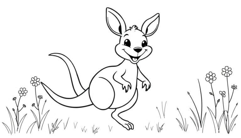 A black and white cartoon drawing of a happy kangaroo with outstretched arms standing in a field of flowers and grass, perfect for a color panel.