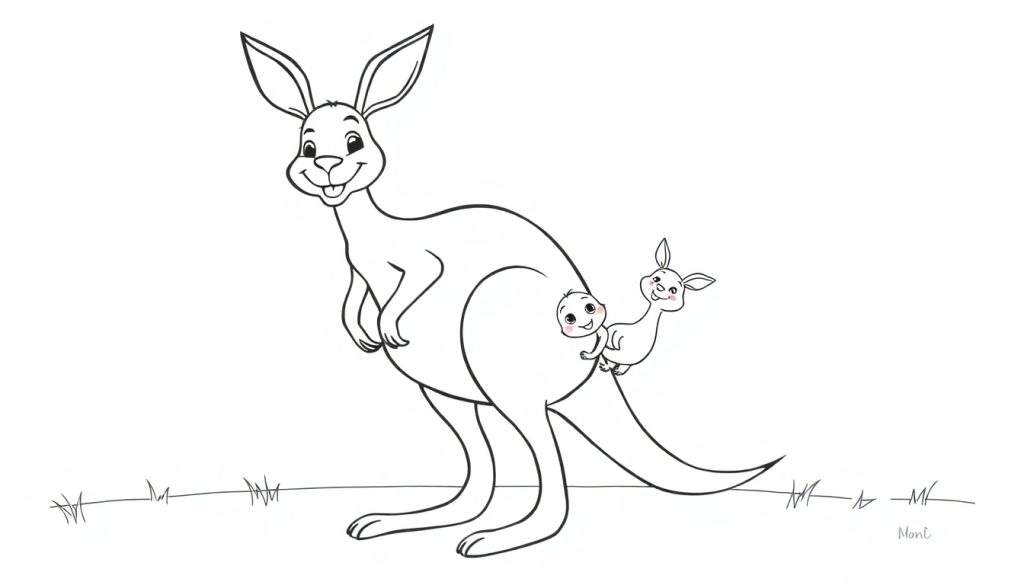 A black and white cartoon color panel of a smiling kangaroo with two smiling baby kangaroos, one in her pouch and one beside her.