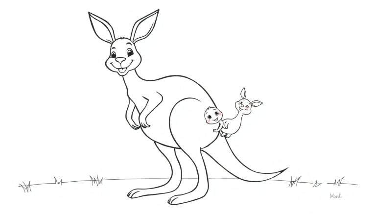 A black and white cartoon color panel of a smiling kangaroo with two smiling baby kangaroos, one in her pouch and one beside her.