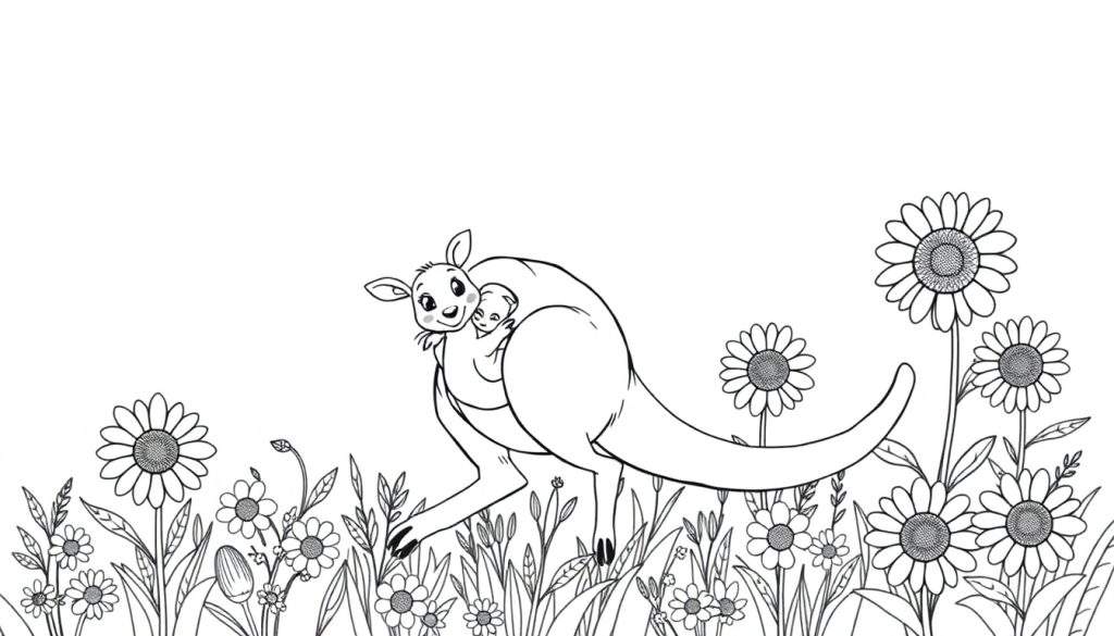 Black and white illustration of a happy mama kangaroo with her joey in her pouch, standing in a field of flowers. A fun coloring panel for kids.