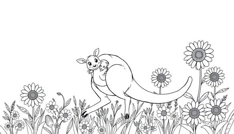 Black and white illustration of a happy mama kangaroo with her joey in her pouch, standing in a field of flowers. A fun coloring panel for kids.