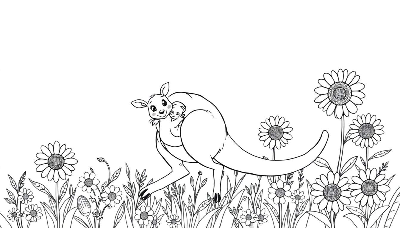 Black and white illustration of a happy mama kangaroo with her joey in her pouch, standing in a field of flowers. A fun coloring panel for kids.