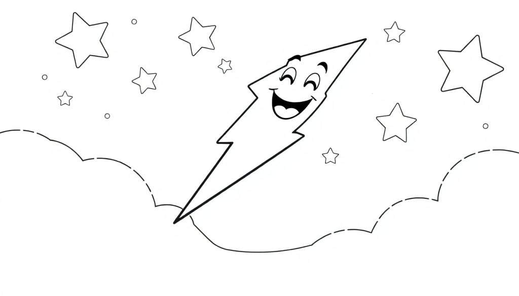 A happy cartoon lightning bolt coloring panel flying through a starry night with clouds.