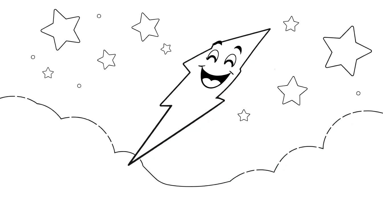 A happy cartoon lightning bolt coloring panel flying through a starry night with clouds.