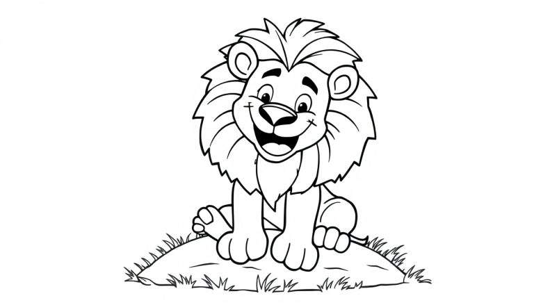 A friendly cartoon lion with a big mane, sitting on grass, ready for the color panel.