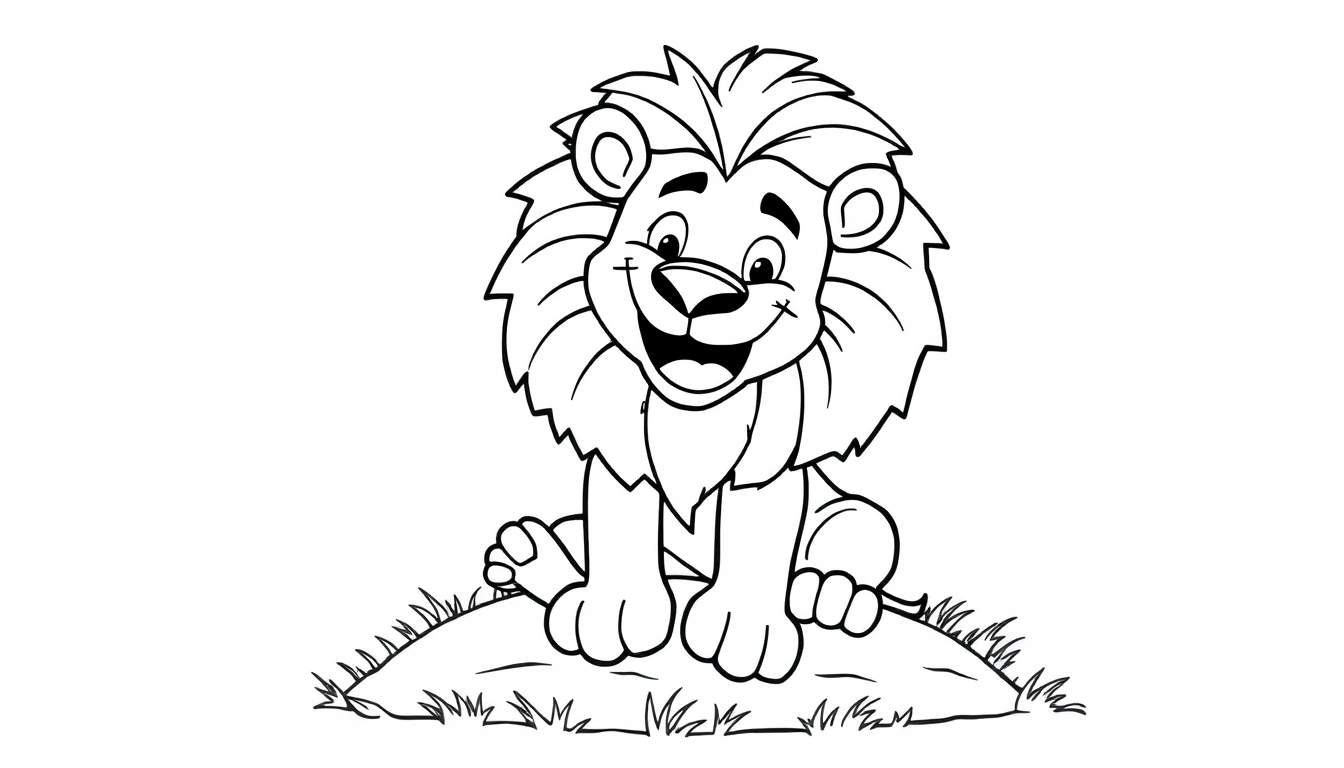 A friendly cartoon lion with a big mane, sitting on grass, ready for the color panel.