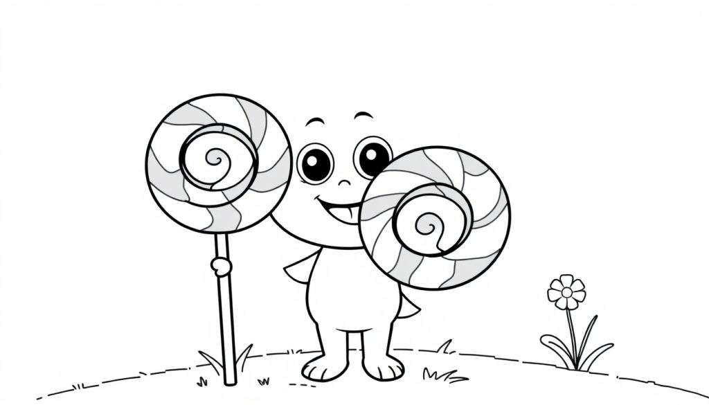A cute cartoon character with big eyes and a happy smile holds two lollipops, standing on a grassy color panel.