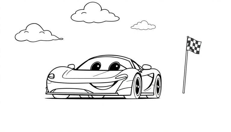 A cheerful McLaren race car crossing the finish line with a big smile, in a black and white color panel for kids.