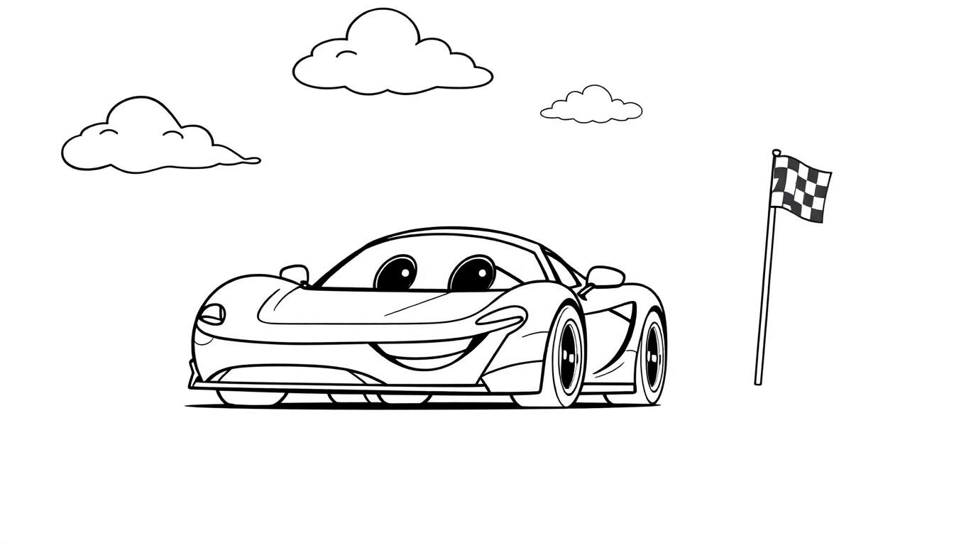 A cheerful McLaren race car crossing the finish line with a big smile, in a black and white color panel for kids.