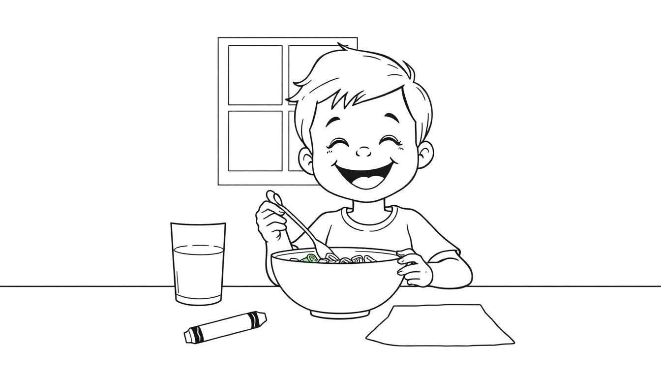 A happy child with short hair smiles while eating from a bowl with a spoon. A color panel for drawing is on the table.
