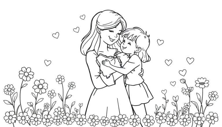 A black and white Mother's Day coloring page showing a mother hugging her children surrounded by hearts and flowers.