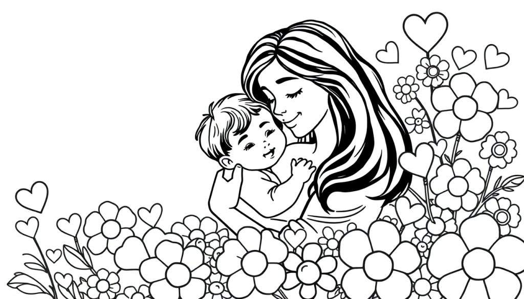 Mother's Day coloring page showing a mom hugging her children amidst flowers and hearts.