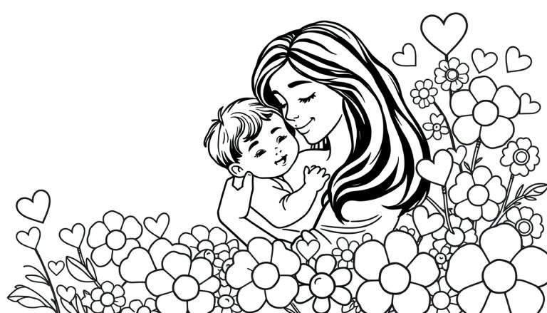 Mother's Day coloring page showing a mom hugging her children amidst flowers and hearts.